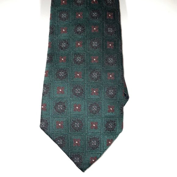 Silk Prada Tie - Dark Green Jacquard W/Multi-Colored Geometric & Floral Pattern - Picture 1 of 5